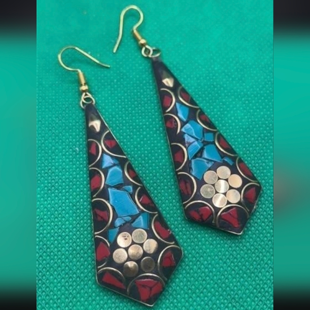 Tibetan Kite / Nepali-style mosaic earrings Vintage